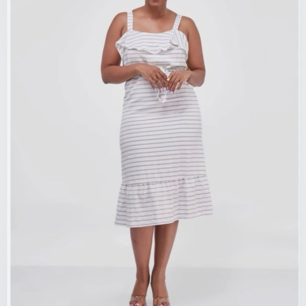 Banana Republic White Black Stripe Ruffle Crepe Midi Dress